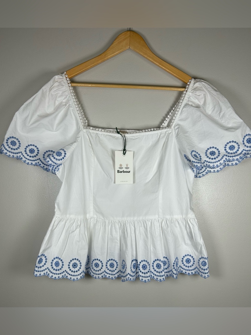 Barbour White Joy Cotton Eyelet Peplum Puff-Sleeve Top NWT